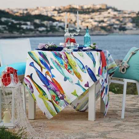 Nappe en coton 160x230 Tessitura Toscana Poisson Bleu couleur Ivoire pour 8 personnes