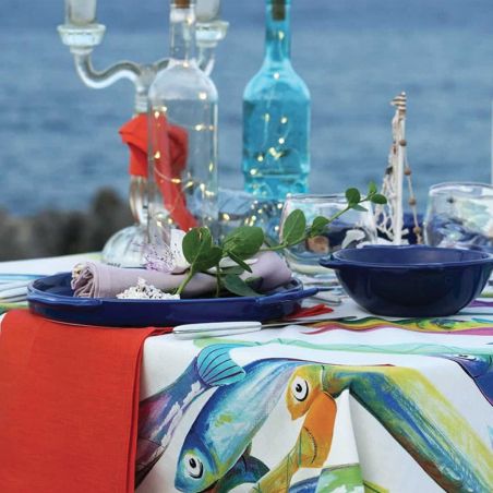 Nappe en coton 160x230 Tessitura Toscana Poisson Bleu couleur Ivoire pour 8 personnes