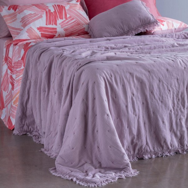 Trapuntino letto matrimoniale in cotone stone washed con rouches Carillo Fernanda colore malva