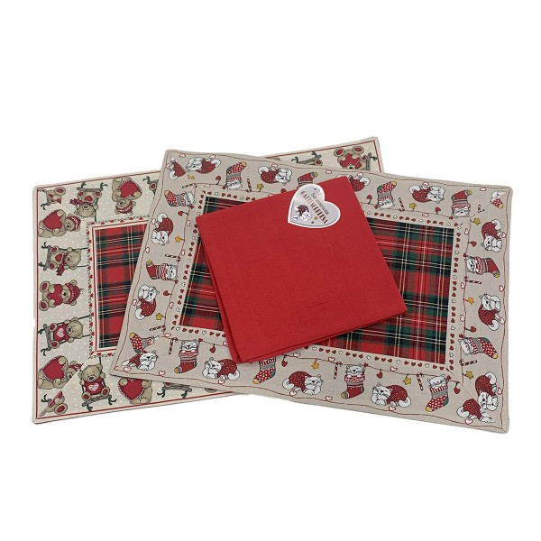 Set tovaglietta americano con tovagliolo Home Sweet Home gatti/orsetti colore rosso