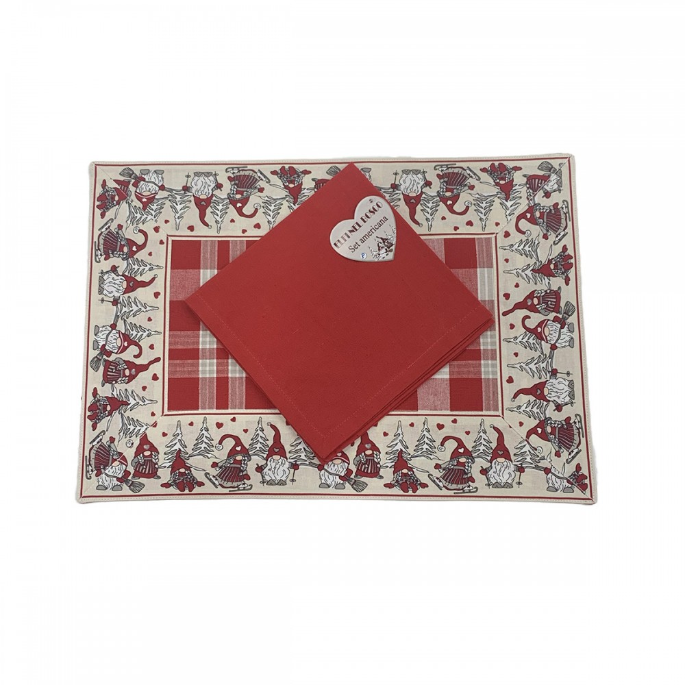 Set tovaglietta americano con tovagliolo Home Sweet Home gnometti colore rosso