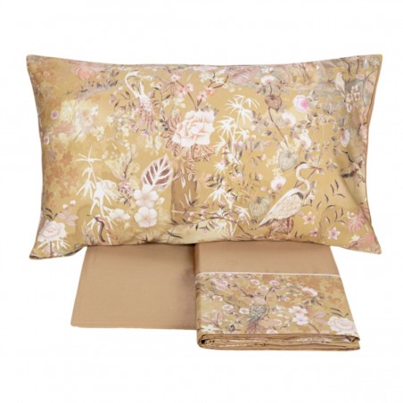 Ensemble draps pour lit double en flanelle Fazzini Giardini d'Oriente couleur rose/taupe