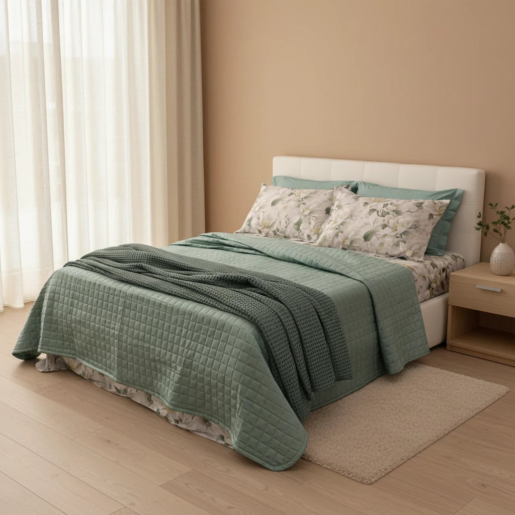 Letto allestito con i prodotti del reel sulla primavera