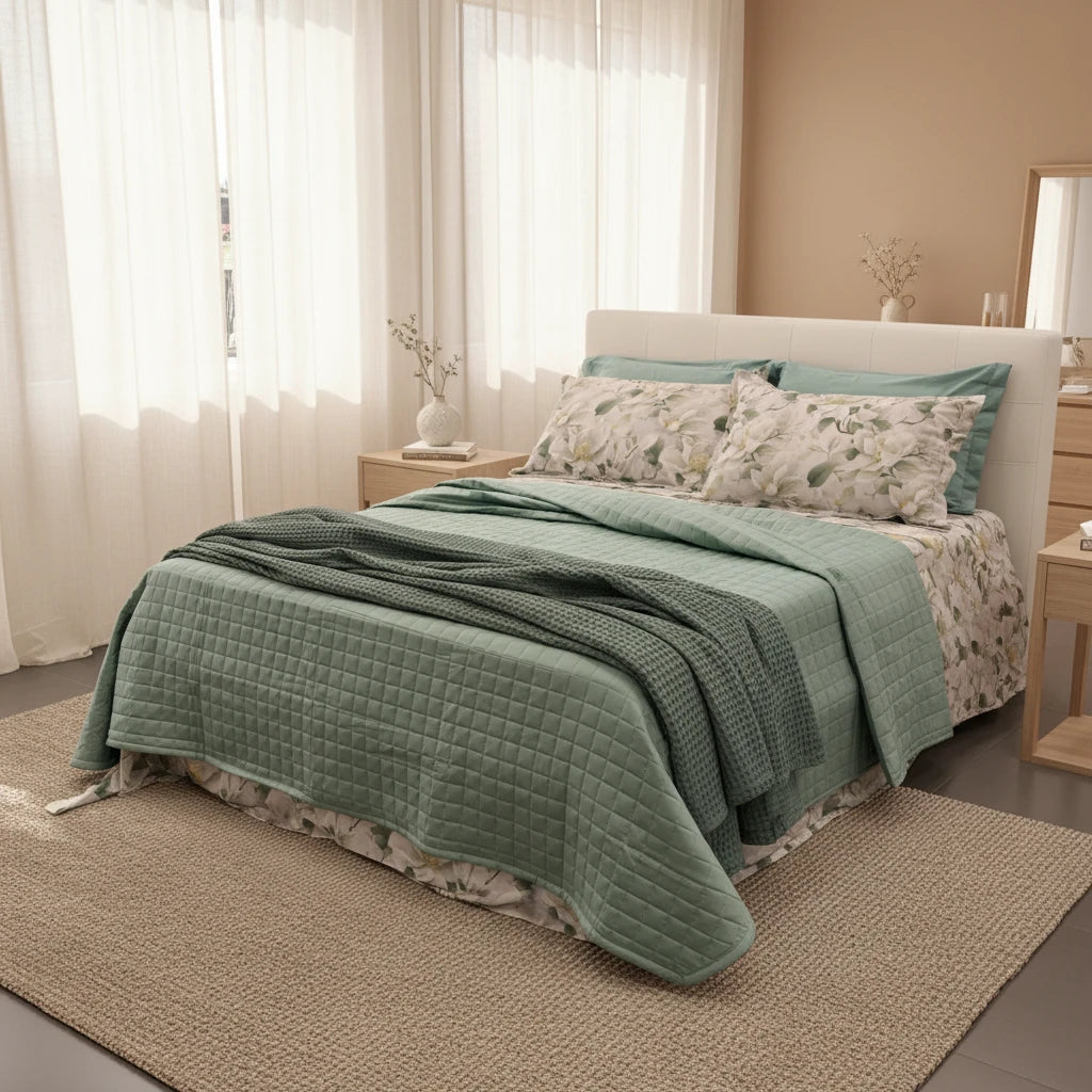 Letto allestito con i prodotti del reel sulla primavera