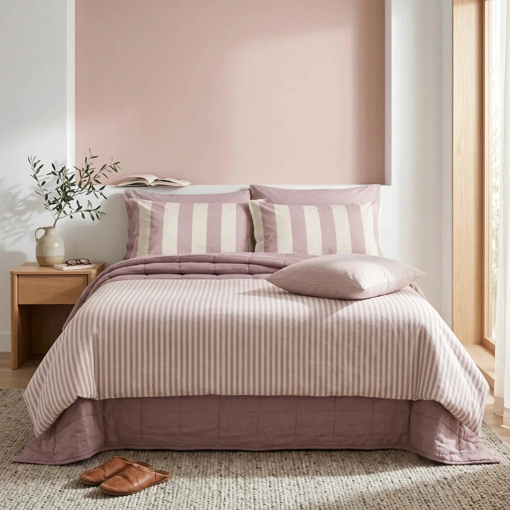 Letto allestito con linea natura e copriletto in lino rosa