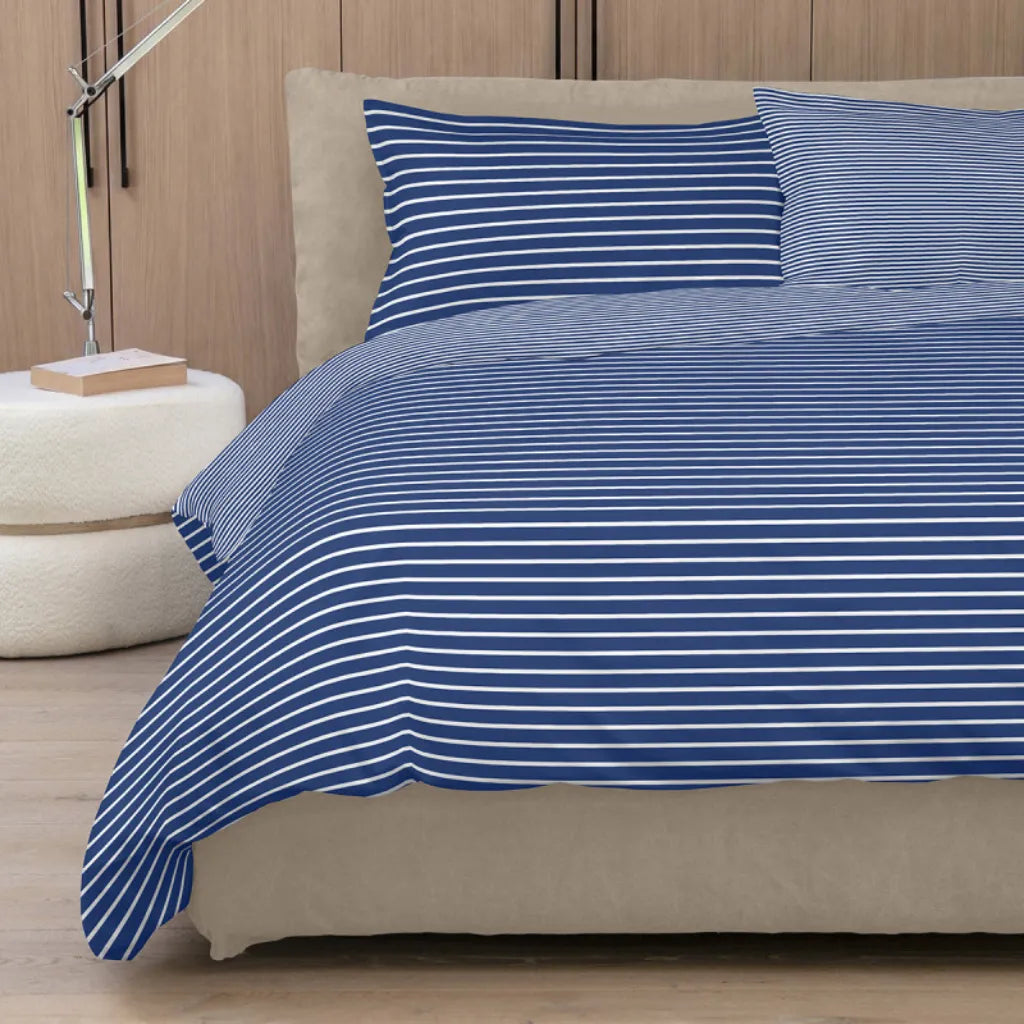 Completo copripiumino NO STIRO Easy Stripes colore Blu-off white
