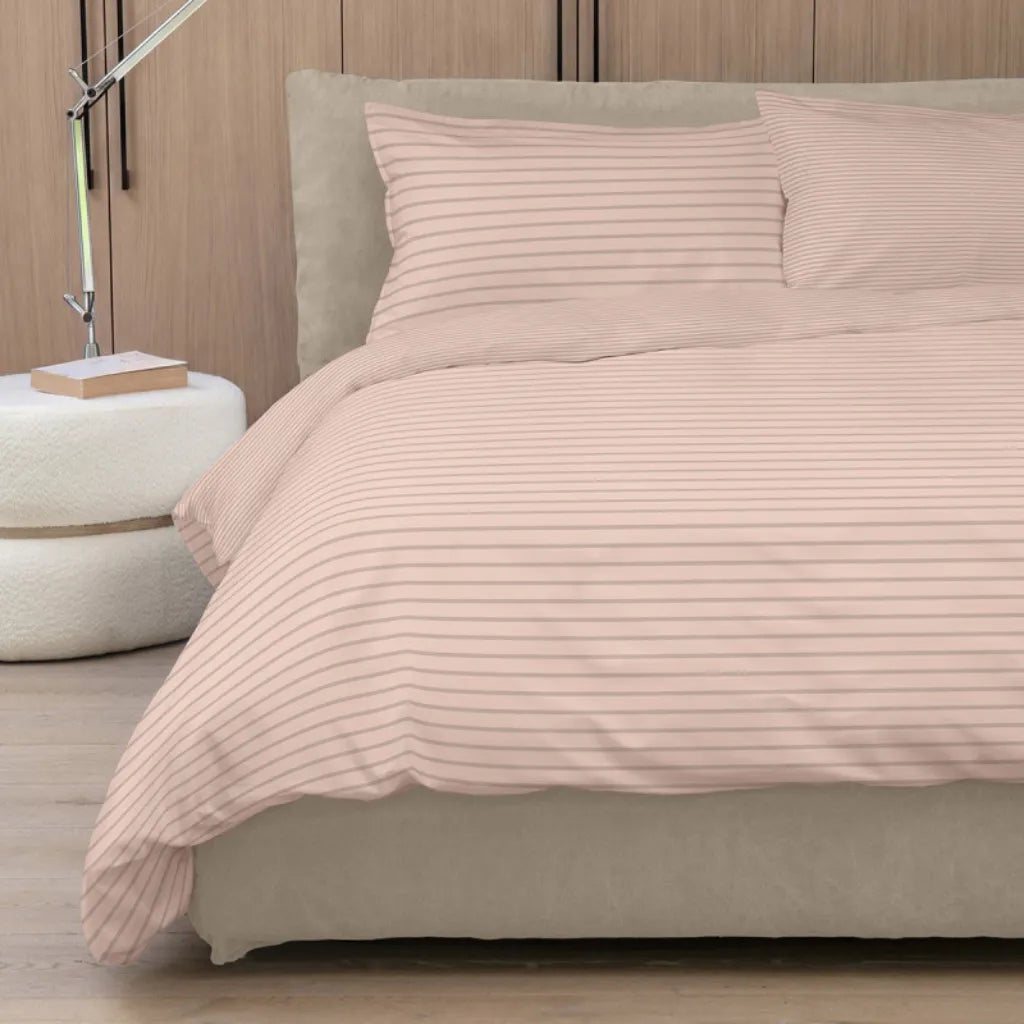 Completo copripiumino NO STIRO Easy Stripes colore Rosa cipria-beige