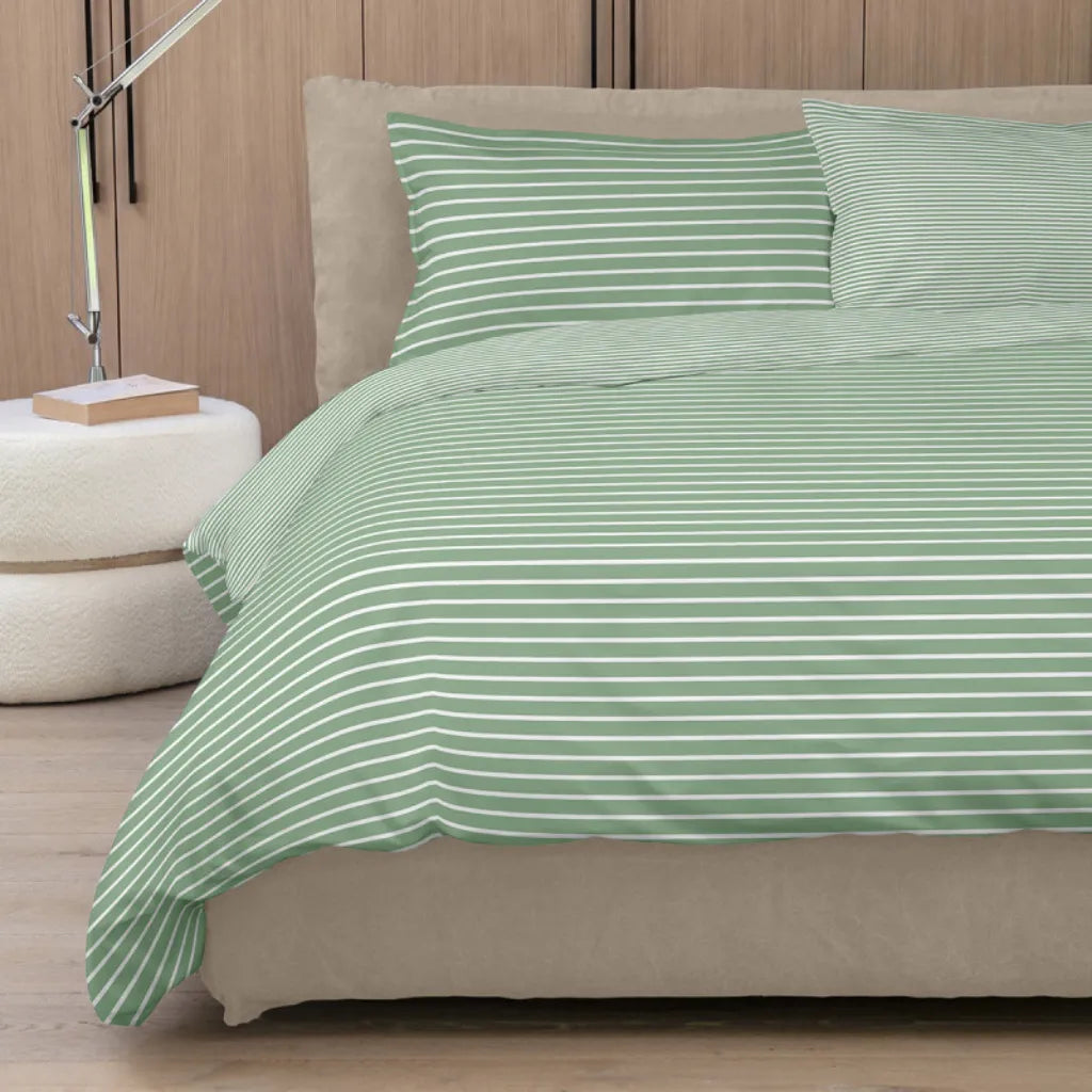 Completo copripiumino NO STIRO Easy Stripes colore Verde-off white