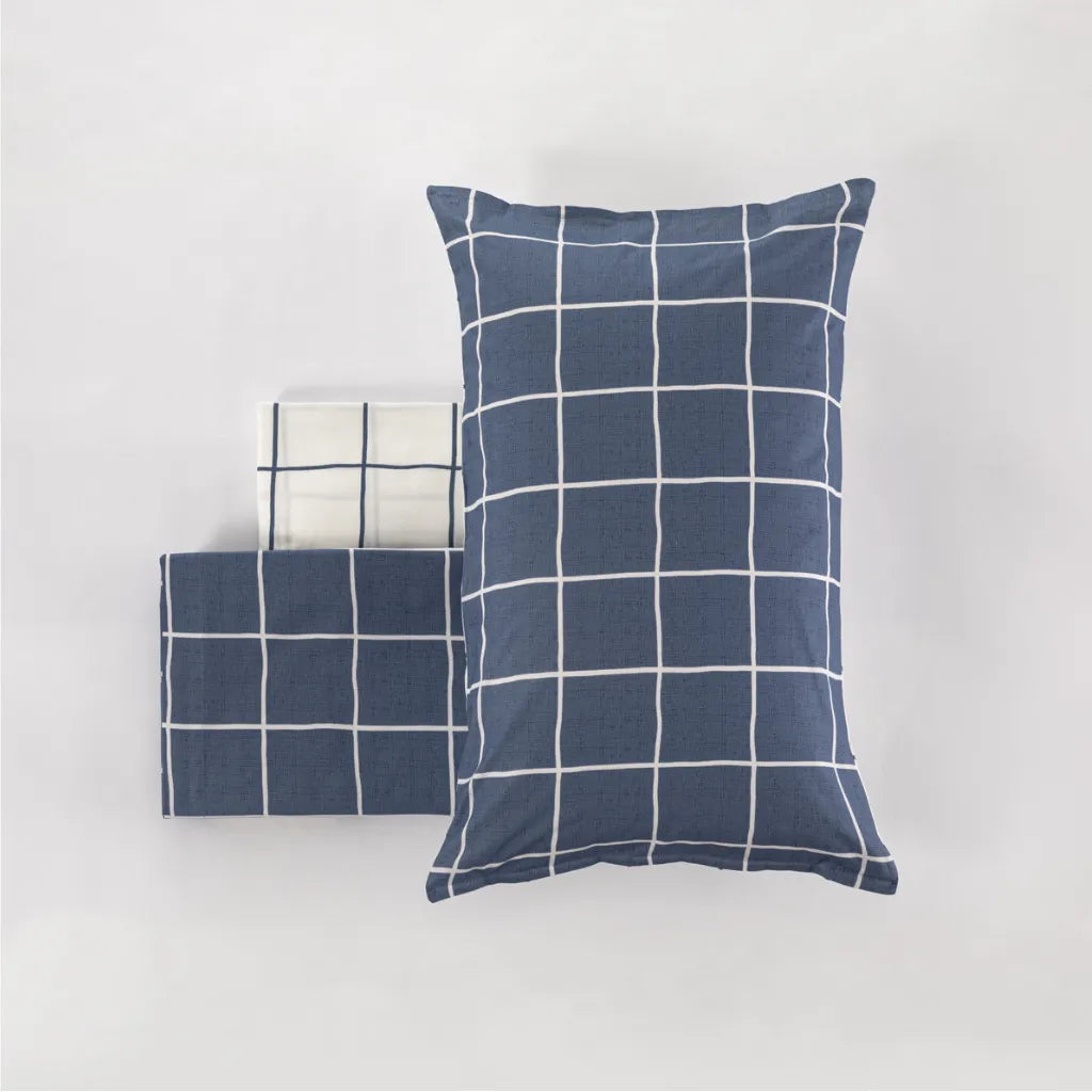 Completo lenzuola a quadri in cotone Matrimoniale colore Blu