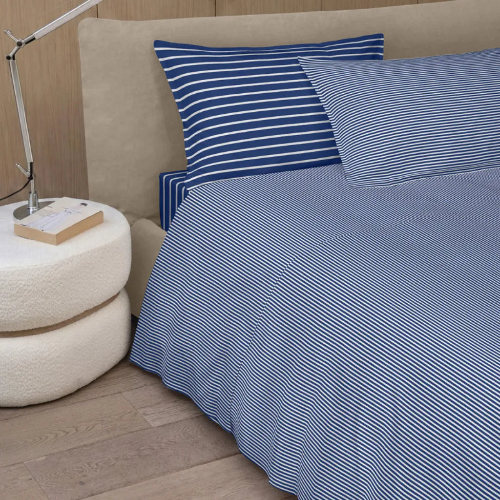 Completo lenzuola Easy Stripes NO STIRO colore Blu-off white