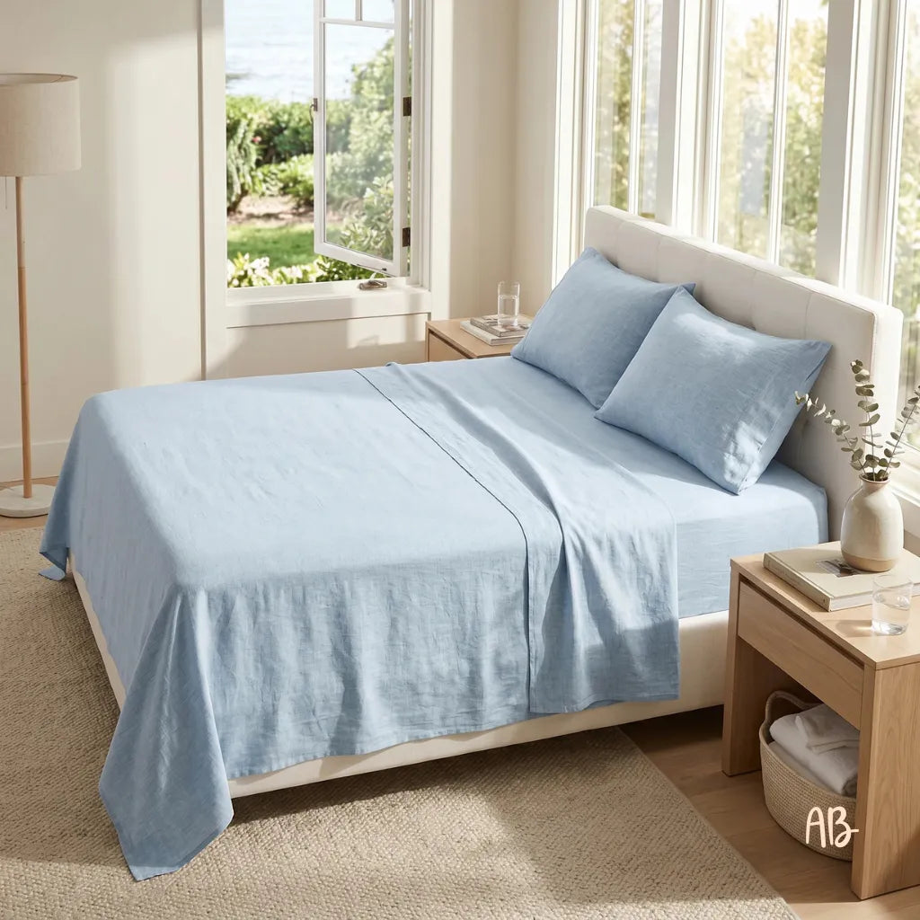 completo lenzuola in lino colore azzurro