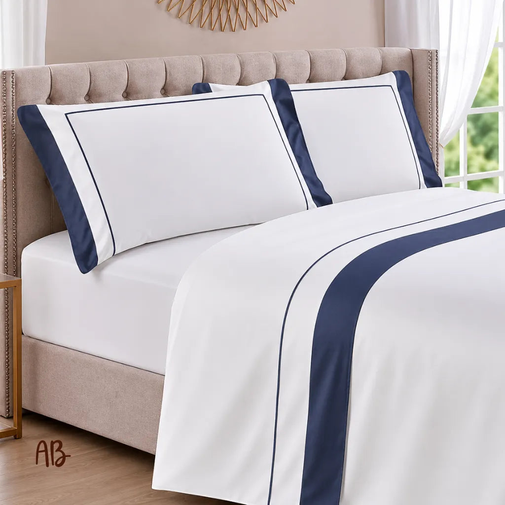 Completo lenzuola in raso Elegance con piping colore Blu