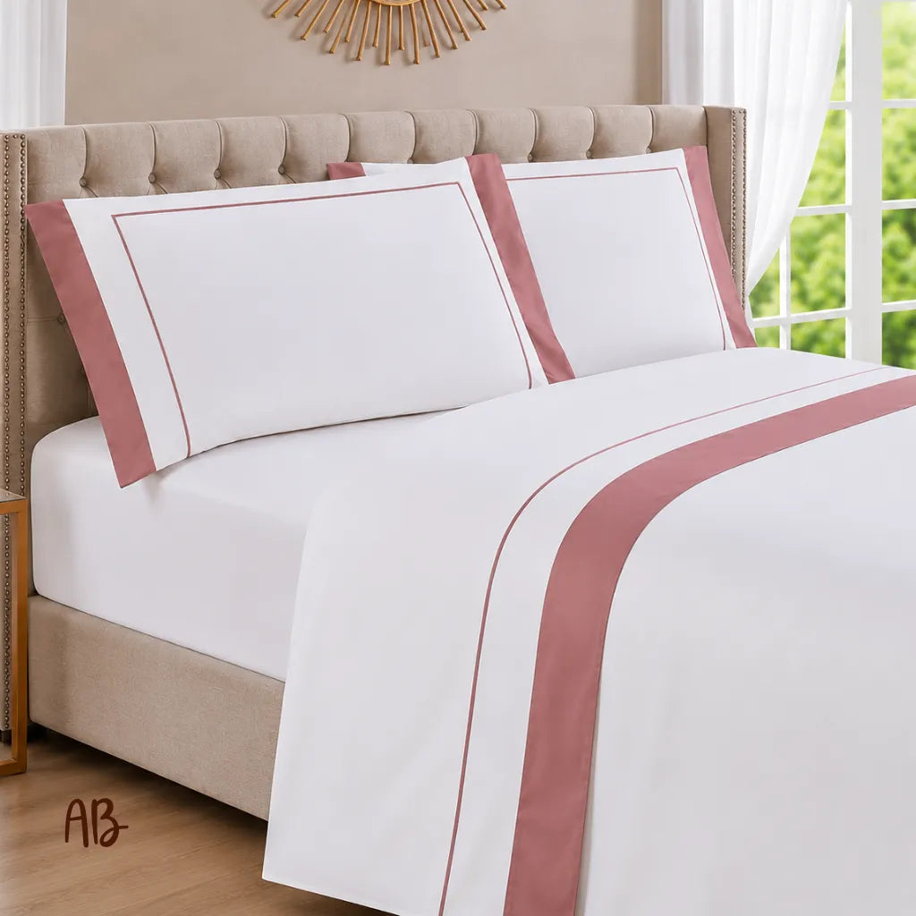 Completo lenzuola in raso Elegance con piping colore Cipria