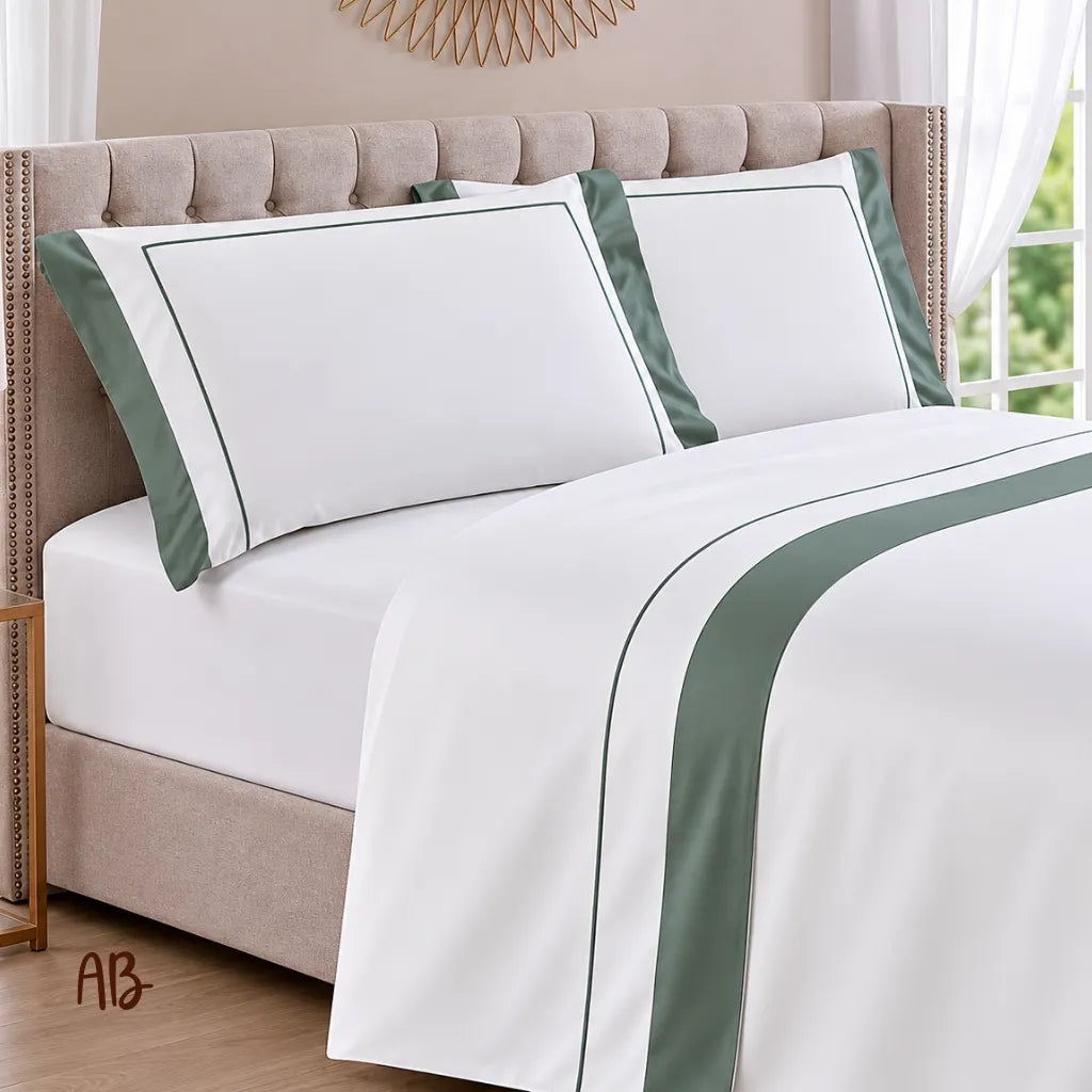 Completo lenzuola in raso Elegance con piping colore Salvia