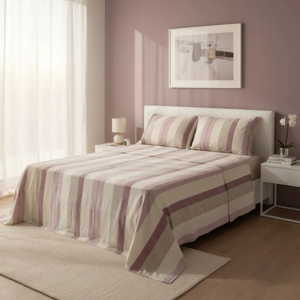 Completo lenzuola in cotone NO STIRO colore Malva