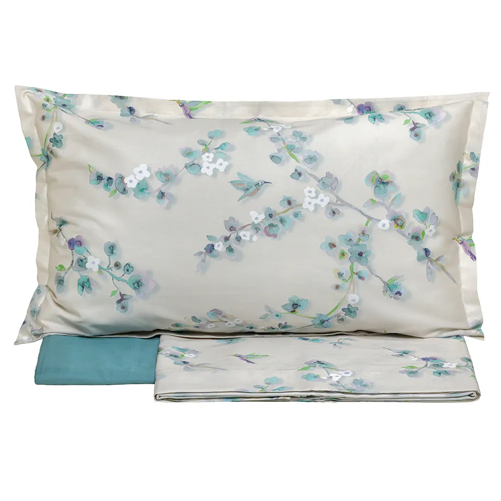 Completo lenzuola in raso di cotone Almond Petrolio