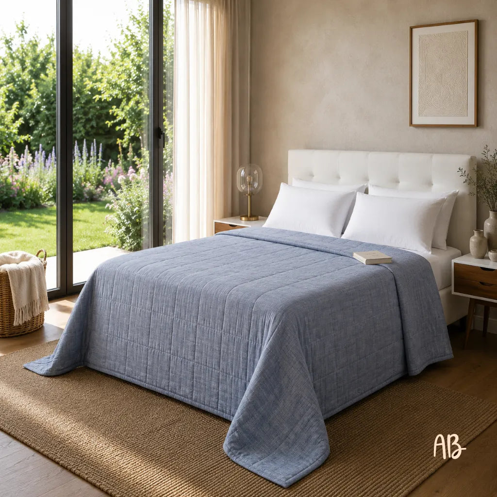 Copriletto in lino 260x260 colore Chambray Azzurro