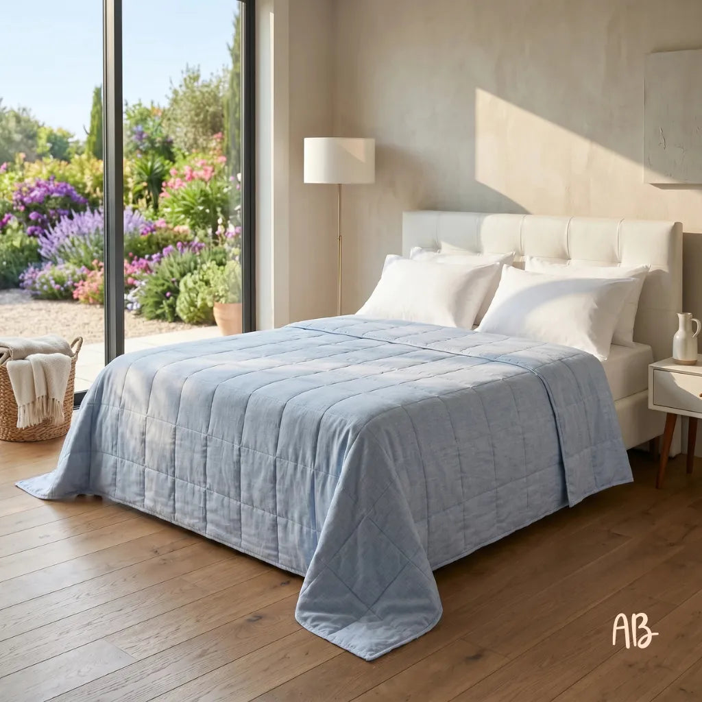 Copriletto in lino 260x260 colore Chambray Blu