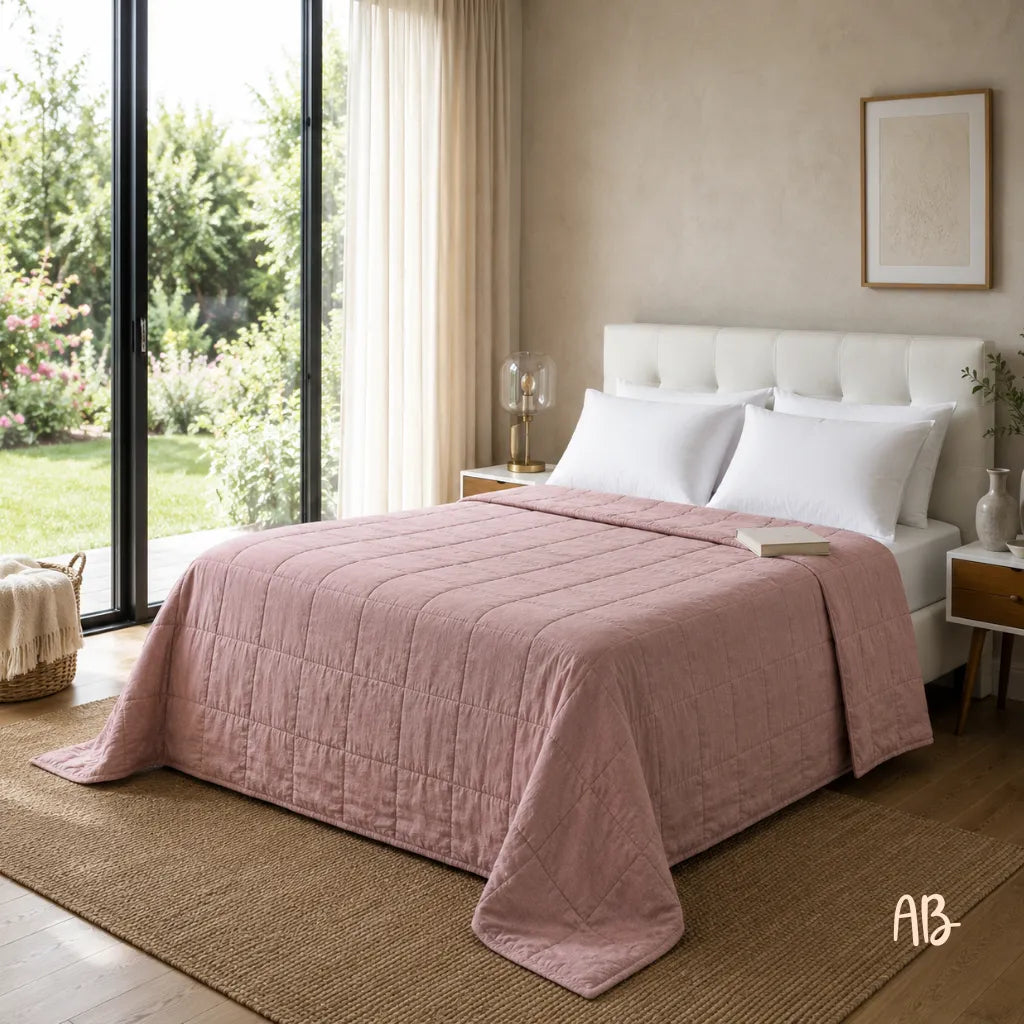 Copriletto in lino 260x260 colore Rosa Antico
