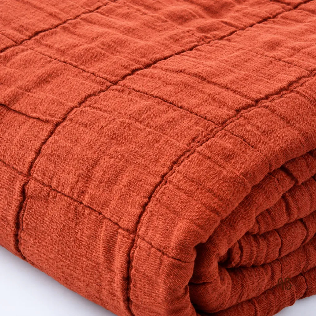 Copriletto in cotone e lino stone washed 260x260 colore Rust