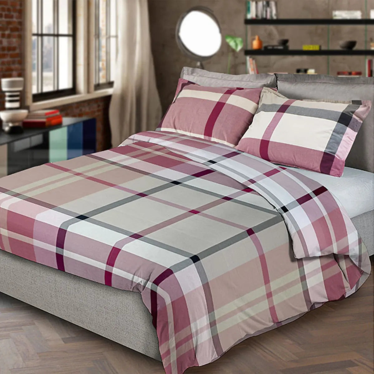 Parure Sacco Copripiumino in cotone tinto filo Madison - Scozzese colore malva